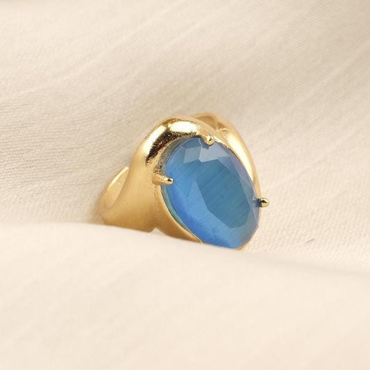 Protect the Aura | Handmade Blue Cat's Eye Ring, Antique Looking And Vintage Style Adjustable Ring, Gemstone Artistic Diamond Ring Gift June