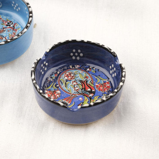 Buy1 Get1 | Blue & Navy Blue Ceramic Ashtray with Vintage Lid, Handmade Small Smoking Tray, Elegant Antique Style Decorative Ashtray Gift