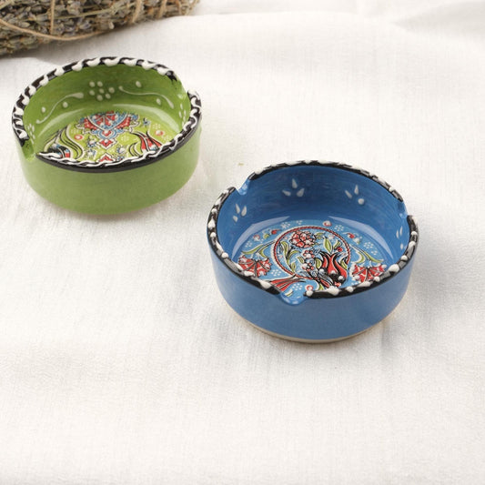 Buy1 Get1 | Handmade Green & Blue Ceramic Ashtray with Vintage Lid, Small Antique Style Smoking Tray, Elegant Decorative Ashtray Gift