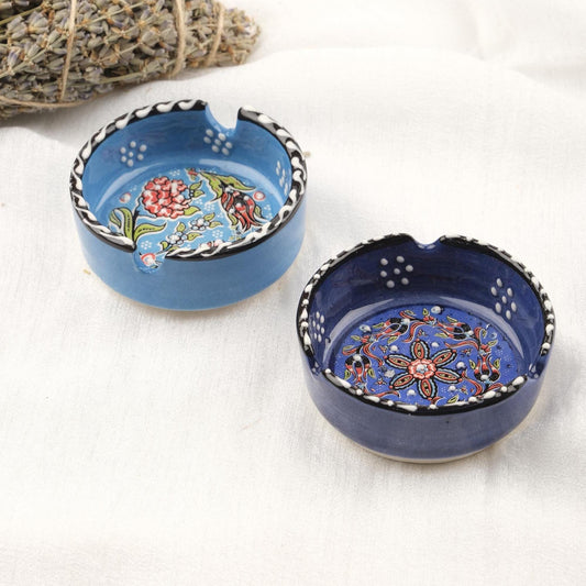 Buy1 Get1 | Navy Blue & Blue Ceramic Ashtray with Antique Lid Design, Handmade Small Vintage Smoking Tray, Stylish Ashtray Gift for Home