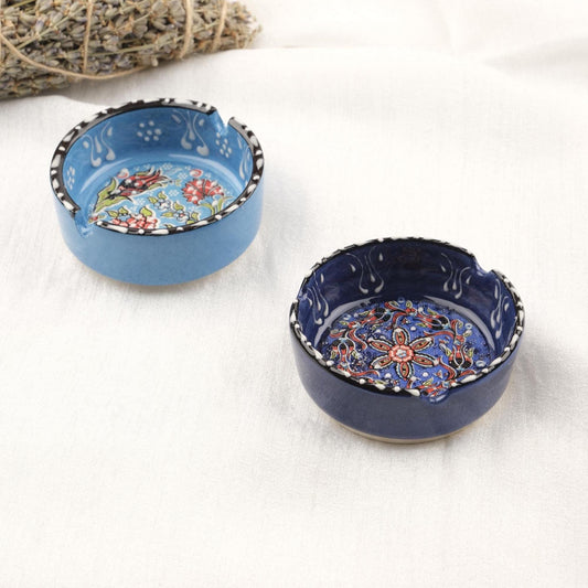 Buy1 Get1 | Handmade Blue & Navy Ceramic Ashtray with Vintage Lid, Small Antique Style Smoking Tray, Unique Decorative Ashtray Gift Idea