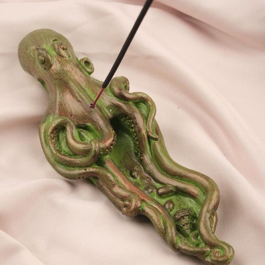 Green Octopus Incense Stick Holder with Ash Lid , 23 cm, 9 in | Unique Sea-Inspired Incense Burner for Meditation & Decor, Incense Burner