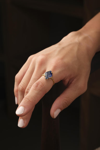 Handmade Minimalist Aquamarine Gemstone Ring, Diamond Inspired, Antique Looking And Vintage Style Gold Plated Ring With Subtle Sparkle