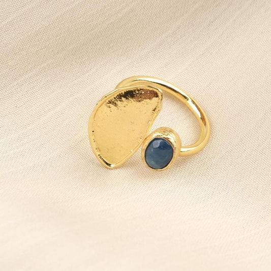 Handmade Classic Artistic Sodalite Gemstone, Antique Looking And Vintage Style Gold Plated Ring With Minimal Sculptural Design Accent