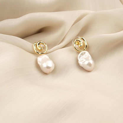 Handmade Genuine Pearl Abstract Modern Earrings, Artistic Gold Plated Studs, Unique Organic Baroque Design For Elegant Statement Style