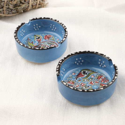 Buy1 Get1 | Blue Ceramic Ashtrays with Vintage Lids, Handmade Small Smoking Trays, Elegant Antique Style Decorative Ashtray Gift Set