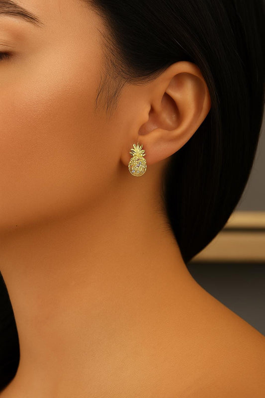 Handmade Gold Plated Pineapple Stud Earrings, Sparkling Diamond Detail Fruit Jewelry, Playful Tropical Design, Unique Fun Statement Style