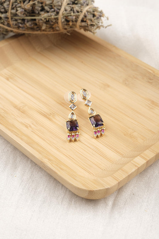 Purple Drop Earrings With Emerald Diamond Accents, Gold Plated Stud Earrings For Women, Colorful Romantic Jewelry Gift For Her