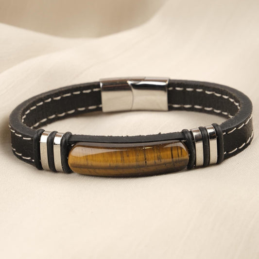 Handmade Tiger’s Eye and Ox Leather Men’s Bracelet, Bold and Classy Design with Titanium Lock, Natural Gemstone Jewelry | 22 cm (8.66 in)