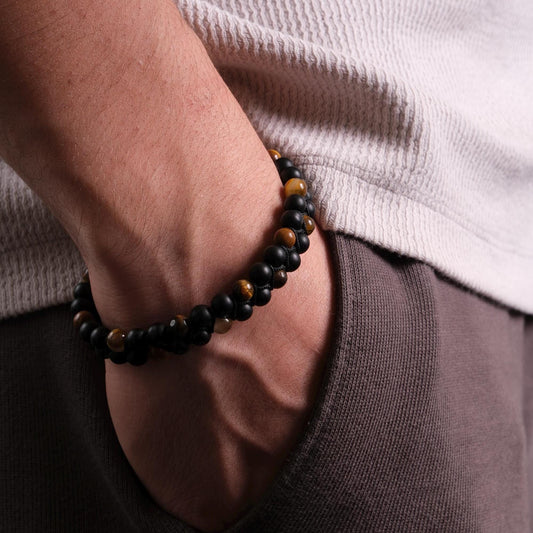 Tiger’s Eye & Matte Black Beaded Men’s Bracelet , 22cm , Grounding , Bold Design, Smooth Finish, Stylish Gift for Him