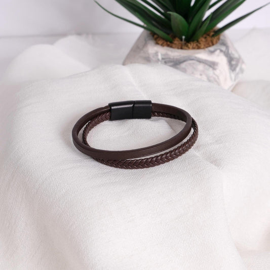 Brown Minimal Leather Men's Bracelet Double Layered Genuine Leather 22cm Adjustable Wristband Minimalist Fashion Jewelry for Him Gift