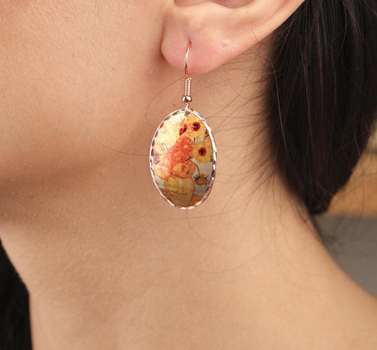 Vincent van Gogh “Vase with Fifteen Sunflowers” Dangle Earrings in Pure Copper, Artistic Design, Handmade Vintage Style Antique Looking Gift