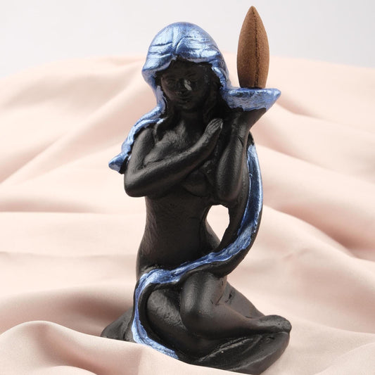 Women Figure Backflow Incense Holder, 17 cm and 6.7 in | Unique Resin Smoke Fountain, Spiritual Decor, Meditation Gift, Navy Blue & Black
