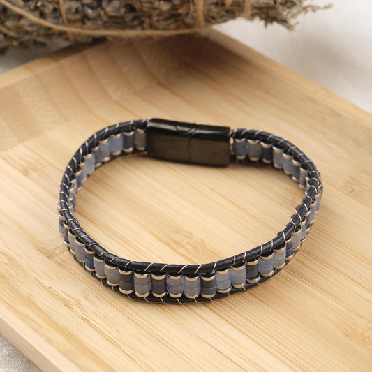 Stone of Communication, Blue Lace Aventurine & Leather Bracelet for Men, Minimal Crystal Gift with Hematite Accents Titanium Lock