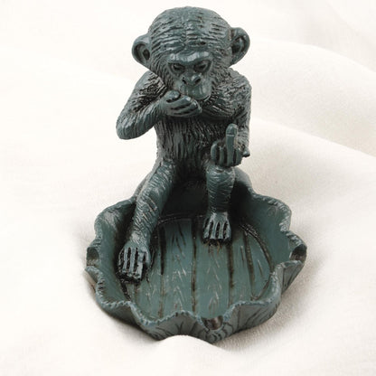 Dark Green Big Middle Finger Monkey Ashtray  Funky Outdoor Smoking Accessories Gift, Mythic Ashtray Lid – 9x11cm Handmade HEAVY ITEM 1LBS