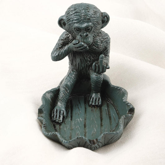 Dark Green Big Middle Finger Monkey Ashtray  Funky Outdoor Smoking Accessories Gift, Mythic Ashtray Lid – 9x11cm Handmade HEAVY ITEM 1LBS