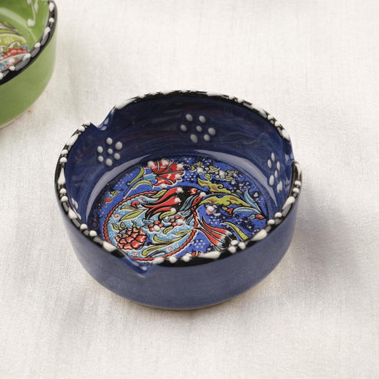 Buy1 Get1 | Green & Navy Blue Ceramic Ashtray with Vintage Lid, Handmade Small Smoking Tray, Elegant Antique Style Decorative Ashtray Gift