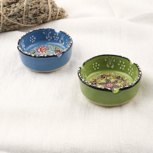 Buy1 Get1 | Green & Blue Ceramic Ashtray with Vintage Lid, Handmade Small Smoking Tray, Elegant Antique Style Decorative Ashtray Gift