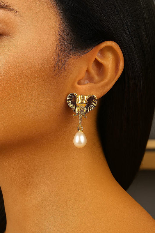 Handmade Gold Elephant Stud Earrings with Teardrop Faux Pearl, Cute Animal Design Jewelry, Playful and Elegant Antique Looking Gift Idea