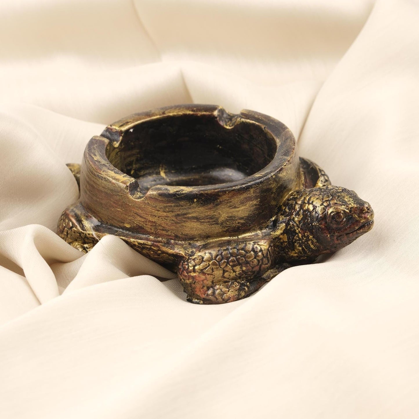 Antique Gold Turtle Ashtray, Unique Reptile-Inspired Smoking Tray, Handmade Zen Decor for Home  Exotic Animal Gift Idea, 3.5x13x10cm