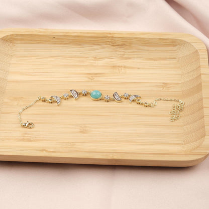 Celestial Moon & Star Bracelet for Women, Gold Charm Bracelet with Sky Blue Stone, Dainty Astrology Jewelry Gift for Her, 22cm / 8.66in