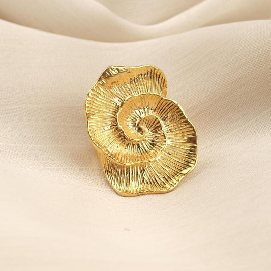 Feel the Movement, Handmade Spiral Bloom Ring, Vintage Style Floral Design, Antique Looking Textured Petal Statement Band | Gold Plated Gift