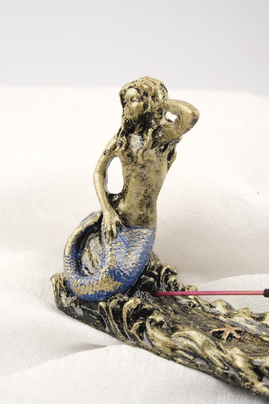 Starfish Mermaid At The Beach Incense Stick and Palo Santo Holder, Blue Gold and Pearl Beach Vibes | 22x4x10cm Authentic Ash Catcher