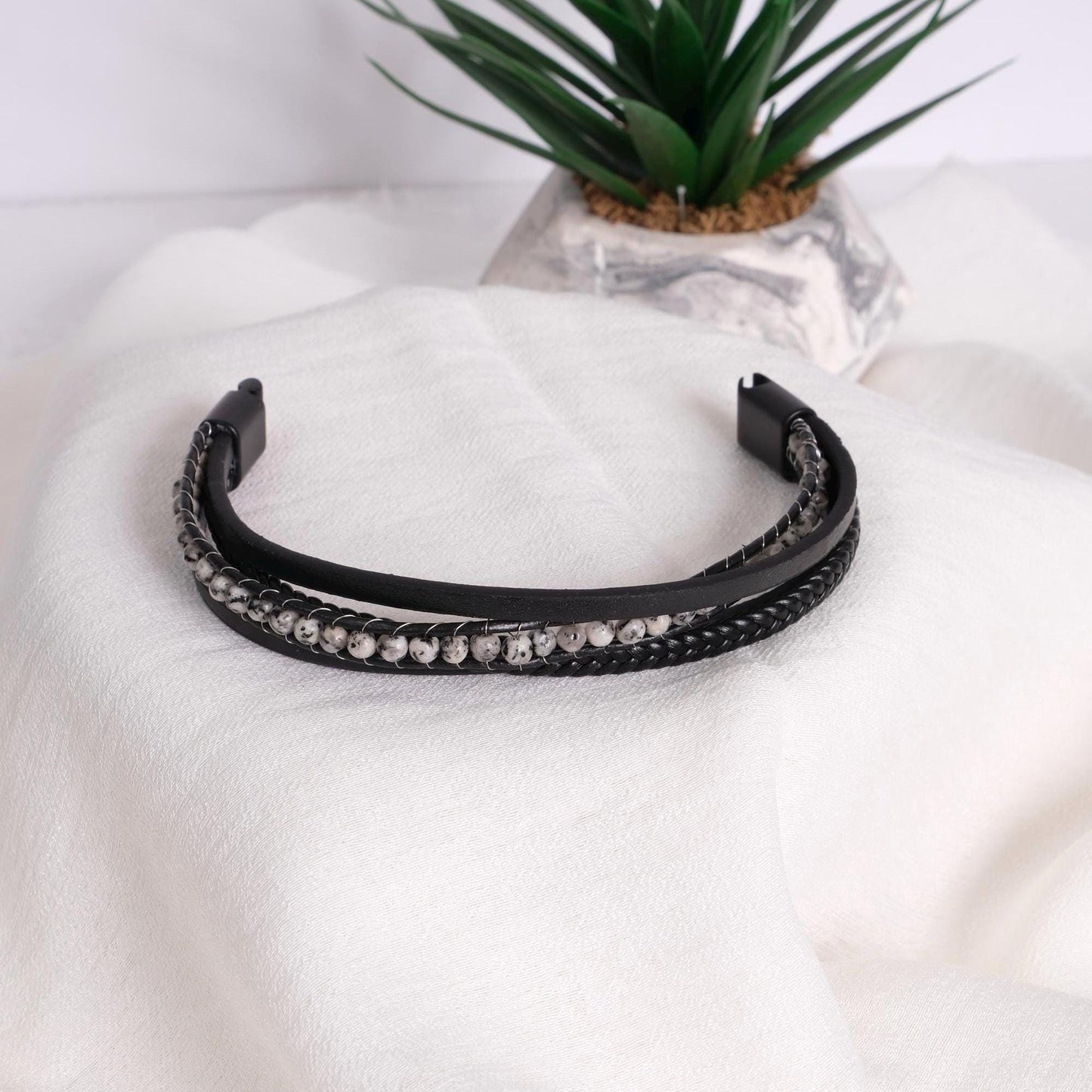 Moonstone & Silver Detailed Men’s Bracelet | 22cm | Genuine Turkish Leather, Stainless Steel, Minimalist Black Design