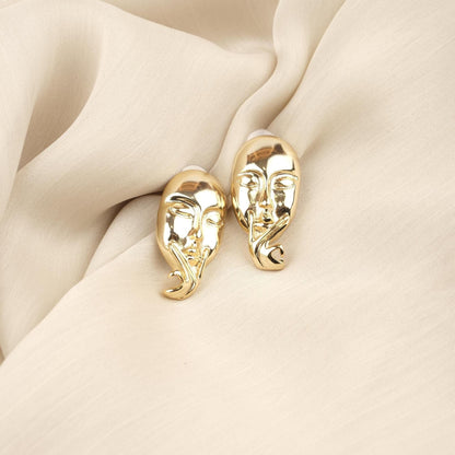 Handmade Artistic Woman Face Stud Earrings, Gold Plated Abstract Design, Statement Feminine Jewelry, Unique Gift with Vintage Style Flair