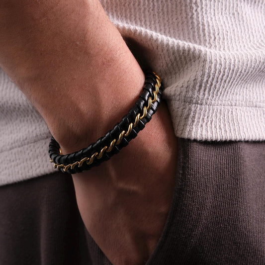 Black and Gold Men’s Bracelet, Genuine Leather, Gold Steel Plated, 22cm, Bold and Durable, Statement Jewelry for Him