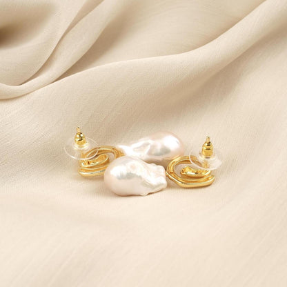 Handmade Genuine Pearl Abstract Modern Earrings, Artistic Gold Plated Studs, Unique Organic Baroque Design For Elegant Statement Style