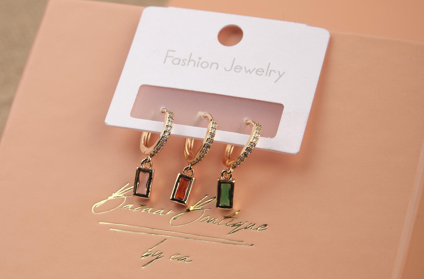 Gold Rectangle Emerald Earrings Set, Buy 1 Get 1 Bundle Of 6, Minimalist Hypoallergenic Jewelry For Women, Made In Brass