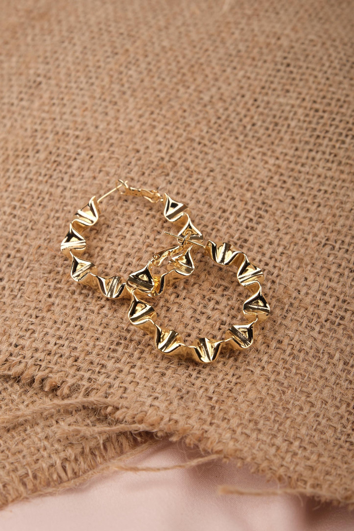 Gold Sculpted Abstract Art Hoop Earrings For Women, Unique Hypoallergenic Jewelry, Bold Fashion Made In Brass