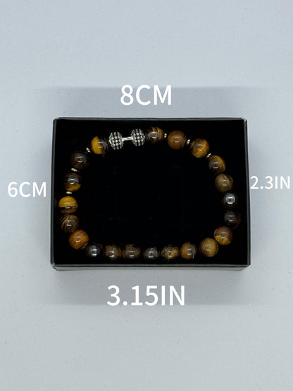 Silver Dumbbel Tiger Eye Hematite Bracelet for Him, Sacral Chakra Protection Gemini, Scorpio, Taurus, Cancer, Power Stone Men Gym Bracelet