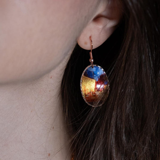 Vincent van Gogh “Café Terrace at Night” Dangle Earrings in Pure Copper, Artistic Design | Handmade Vintage Style, Antique Looking Gift