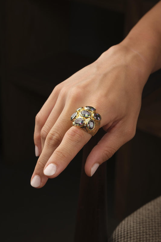 Handmade Ottoman Style Ring With Blue Gemstone Cluster, Antique Looking And Vintage Style Gold Plated Ring With Regal And Artistic Details