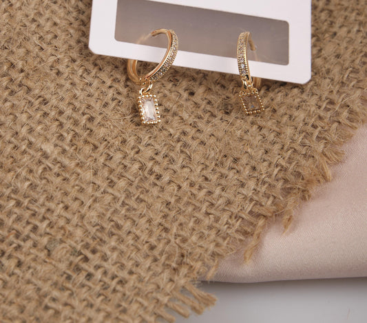 Gold Rectangle Pink Emerald Earrings, Elegant Minimalist Hoops For Women Who Glow, Feminine Statement Jewelry In Brass