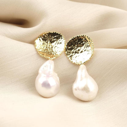 Handmade Genuine Baroque Pearls, Gold Plated Earrings With Antique Looking Design, Vintage Style Statement Studs With Organic Gemstone Charm