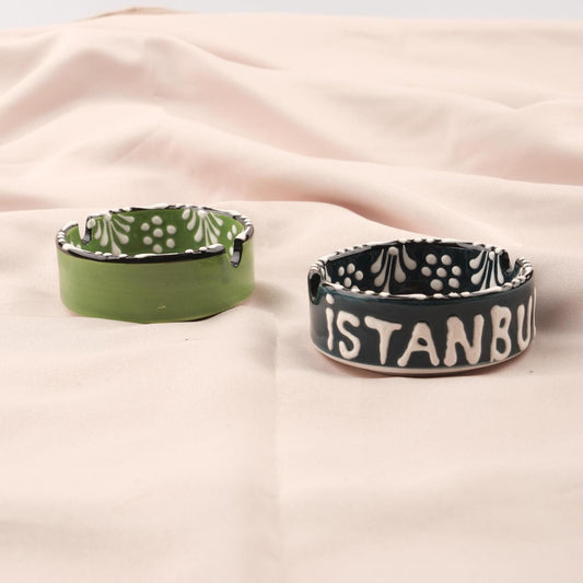 Buy1 Get1 | Handmade, Antique Looking Vintage Style Ashtray in Green & Navy Blue with Istanbul Writing