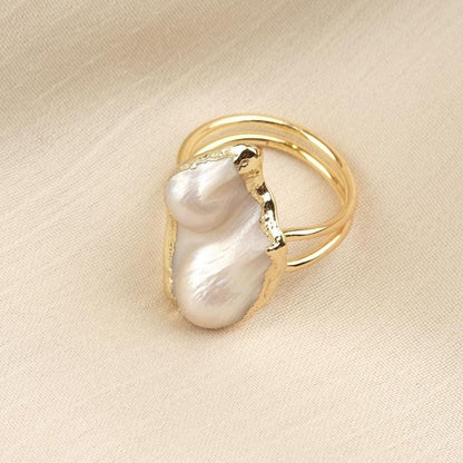 Handmade Genuine Pearl Statement, Antique Looking And Vintage Style Gold Plated Ring With Sculptural Artistic Abstract Design For Women