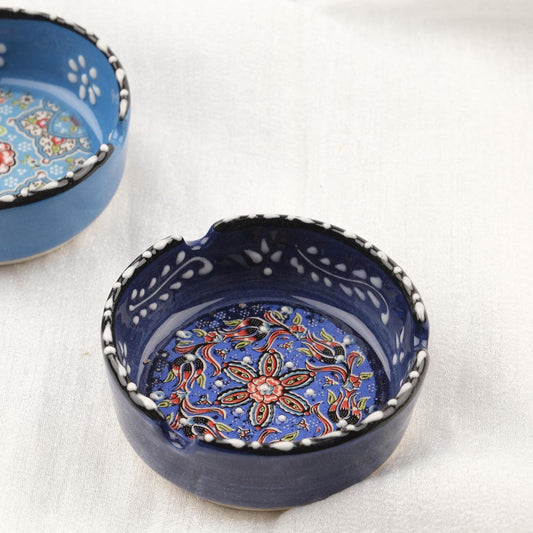 Buy1 Get1 | Blue & Navy Ceramic Ashtray with Traditional Lid Design, Handmade Vintage Smoking Bowl, Antique Decor Gift, Compact Ash Tray