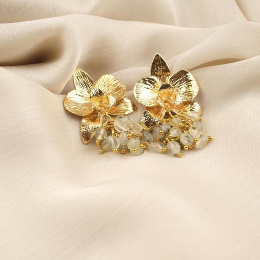 Prenhite Handmade Gold Plated Floral Stud Earrings With Gemstone Grapes, Artistic Botanical Jewelry, Statement Design For Elegant Looks