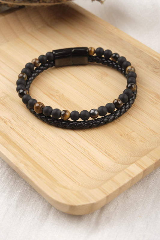 Stones of Power, Tiger Eye and Matte Onyx Bracelet for Men, Leather Wristband Gift for Him or Boyfriend, Crystal Design