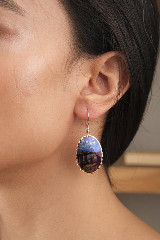 Vincent van Gogh “Starry Night Over the Rhône” Dangle Earrings in Pure Copper, Artistic Design, Handmade Vintage Style, Antique Looking Gift