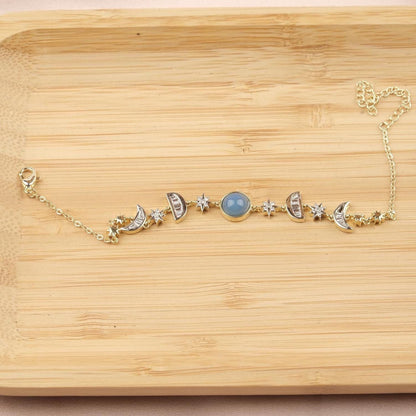 Aquamarine Moon & Star Charm Bracelet for Women, Gold Celestial Jewelry with Soft Blue Accent Stone, Calm Gift for Her, 22cm / 8.66in