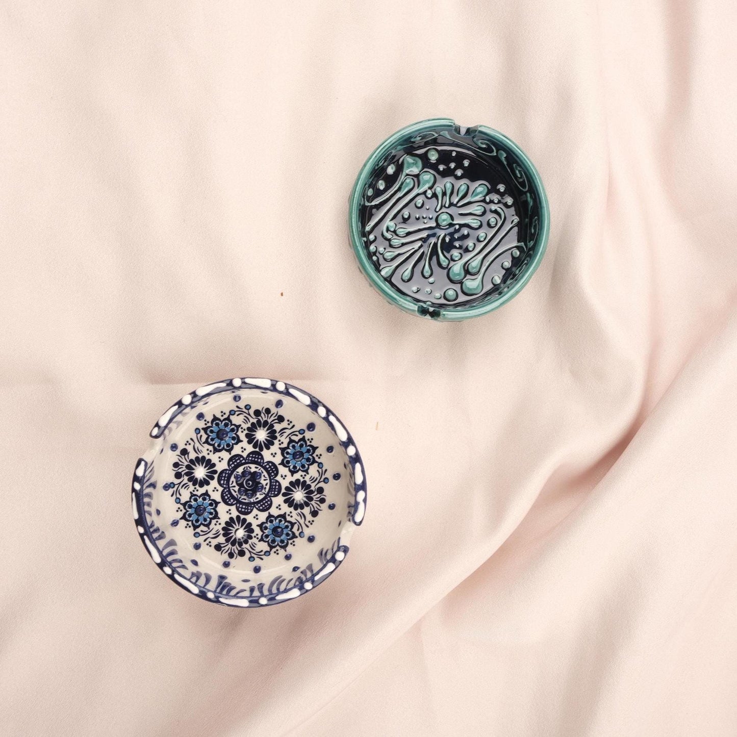 BUY 1 GET 1 Authentic Ashtray Set of 2 – Blue & Gray Ceramic Boho Decor, Turkish Anatolian Style Gift, Moroccan Gift Ashtray