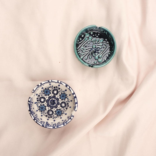 BUY 1 GET 1 Authentic Ashtray Set of 2 – Blue & Gray Ceramic Boho Decor, Turkish Anatolian Style Gift, Moroccan Gift Ashtray
