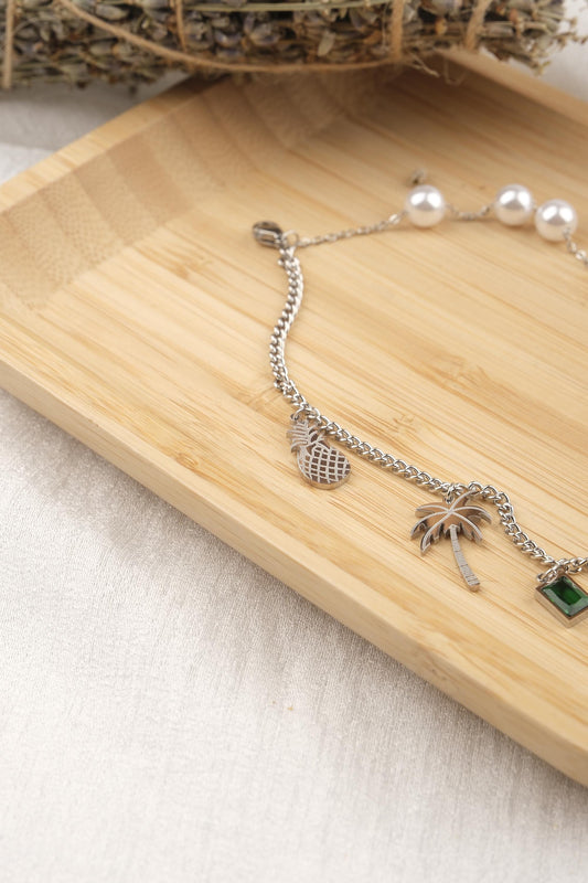 Exotic Bracelet for Summer | Pineapple, Pearl, Palm & Emerald Charm Jewelry