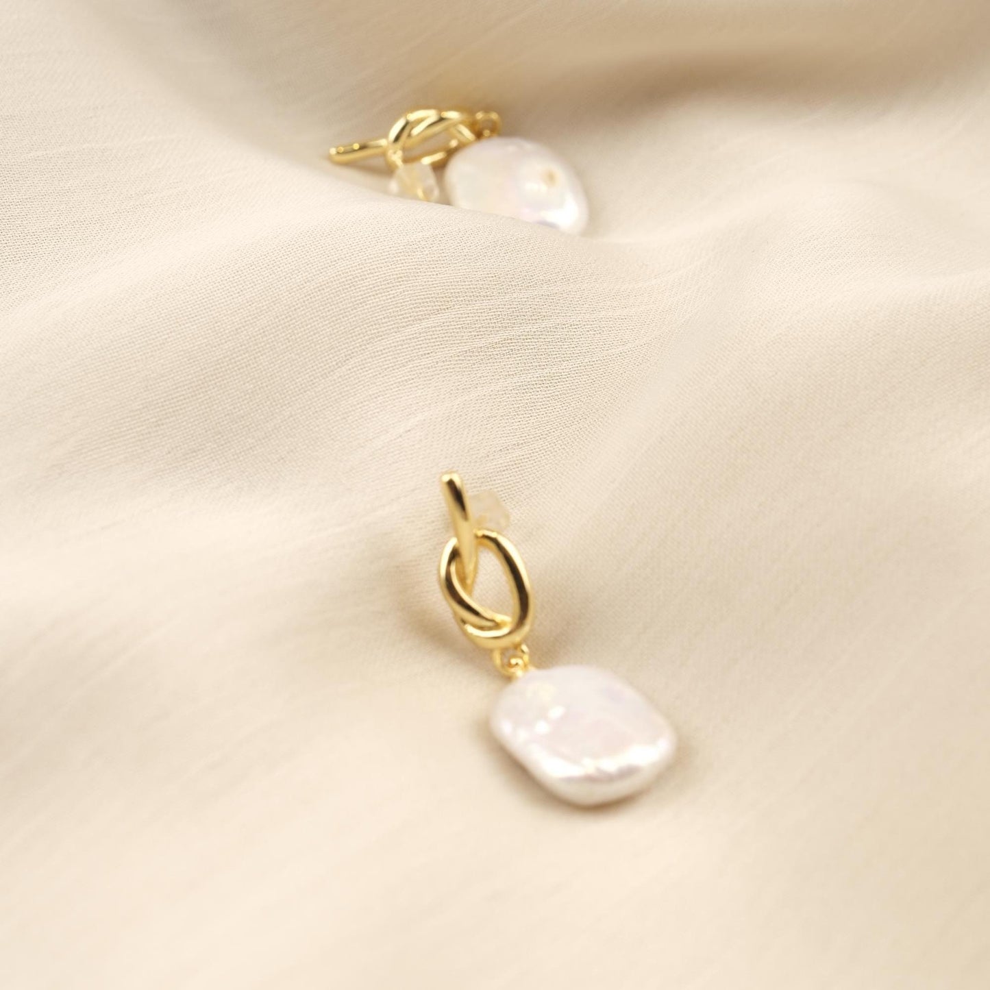 Handmade Genuine Pearl Tie Style Studs, Gold Plated Twisted Detail Earrings, Elegant Minimalist Jewelry For Women, Modern Freshwater Charm