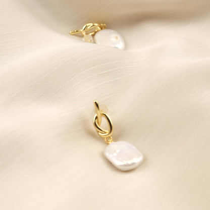 Handmade Genuine Pearl Tie Style Studs, Gold Plated Twisted Detail Earrings, Elegant Minimalist Jewelry For Women, Modern Freshwater Charm